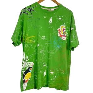 Artful Dodger green t shirt tropical design woman’s faces animals